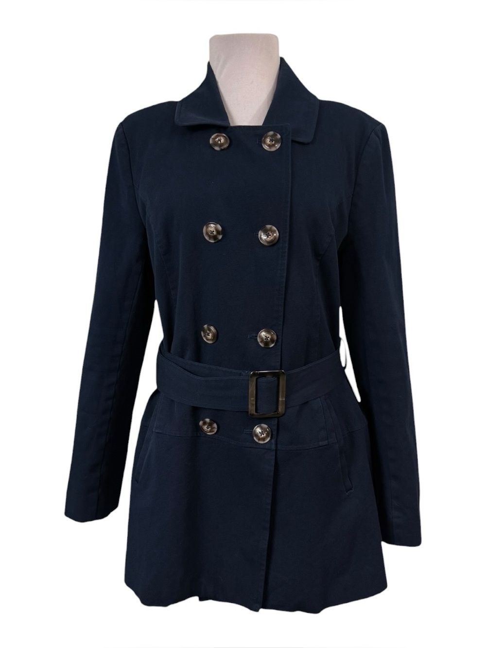 41 Hawthorn Crue Trench Coat Navy Blue Belted Cotton Stretch Lined Pockets Large